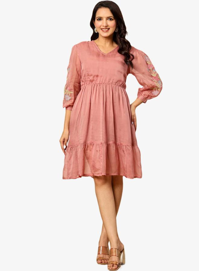 KASYA Pink Embroidered Organza Tiered Dress - Image 1